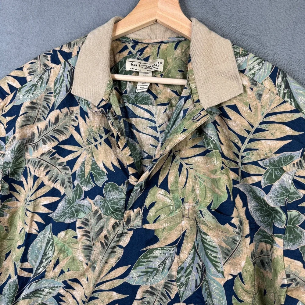 Tori Richard Mens XL Cotton Lawn Tropical Leaf Floral Polo Shirt Navy Short Slv
